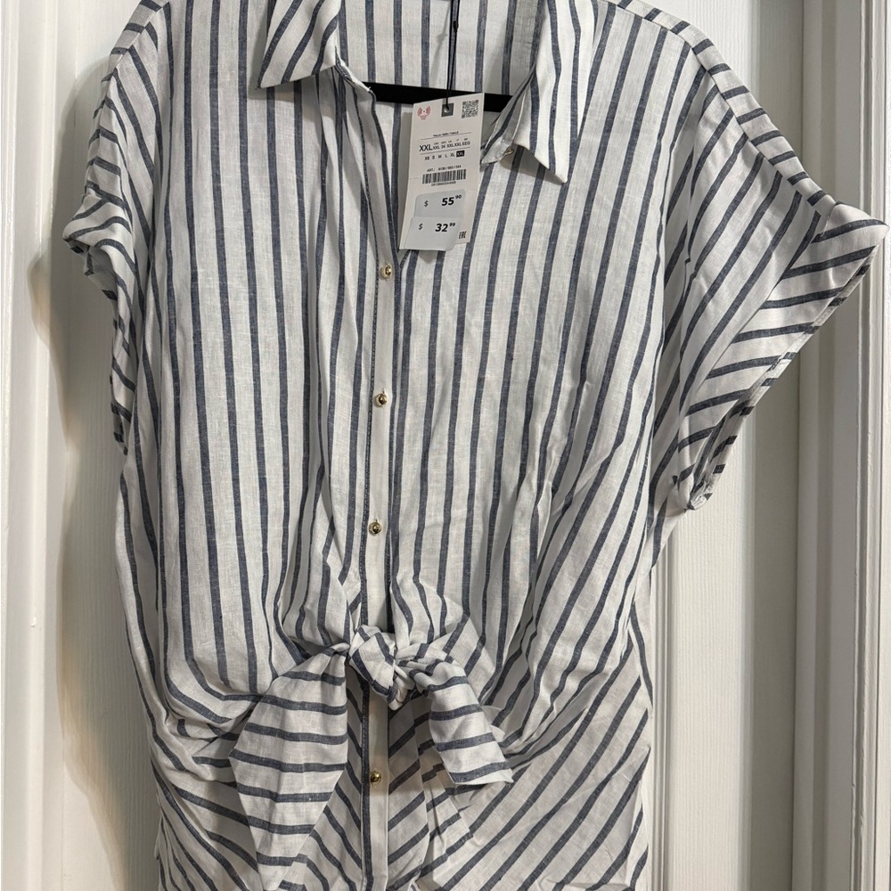 ZARA Striped Button-Up Tie-Front Linen Shirt XXL